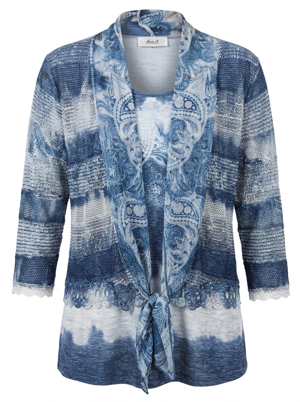 Anis.A Blue Tie Dye Paisley Tie Front 3/4 Sleeve Cardigan Top Women Size XL